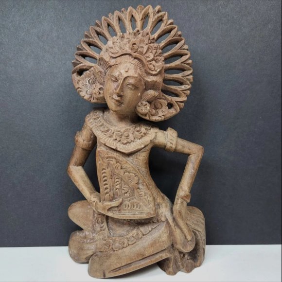 Vintage Bali Dancer Wood Carved Figurine Statue Balinese Detailed Decor